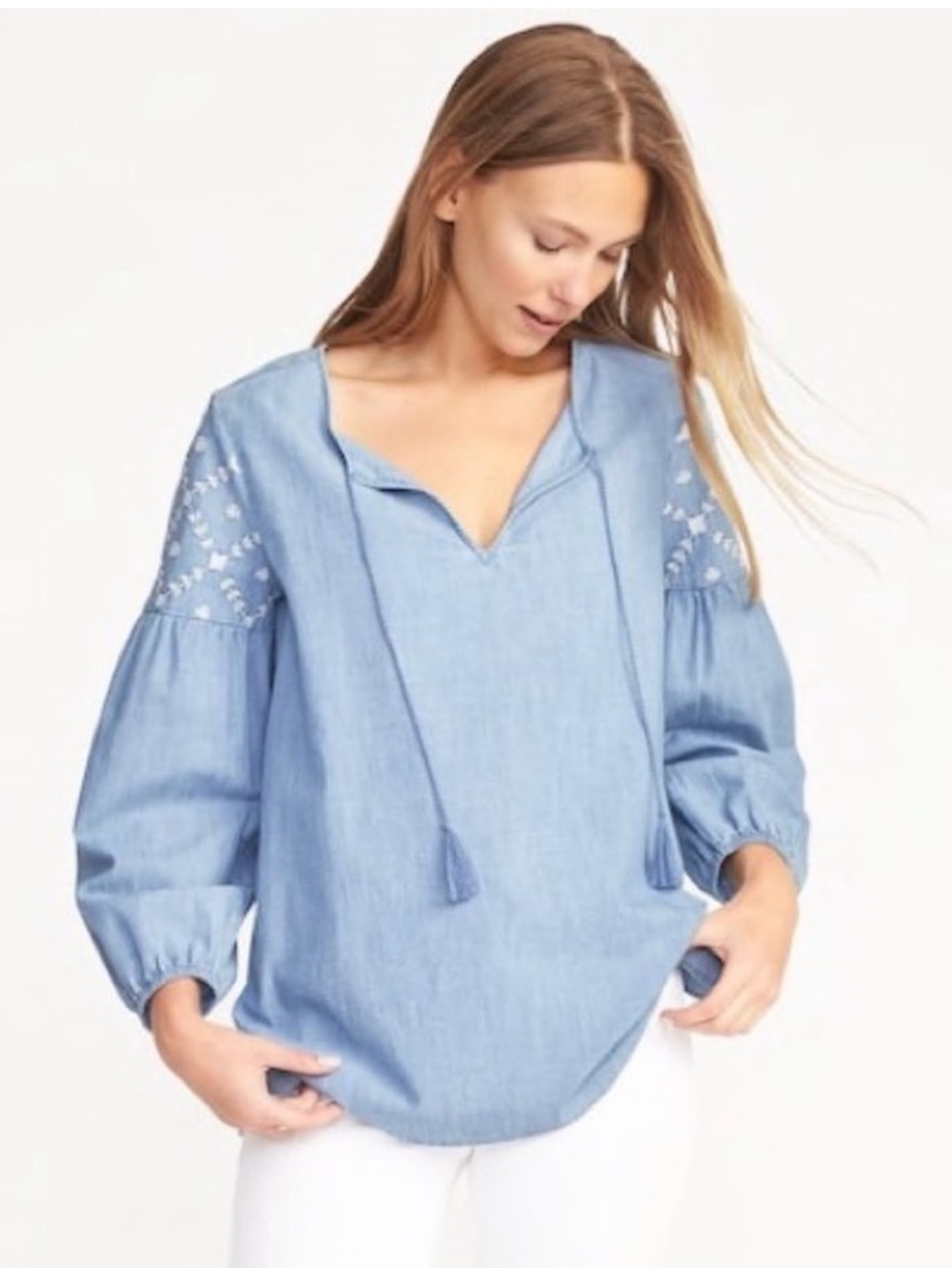 Light Blue Embroidered Tie-Front Lightweight Cotton Chambray Tunic Size Small